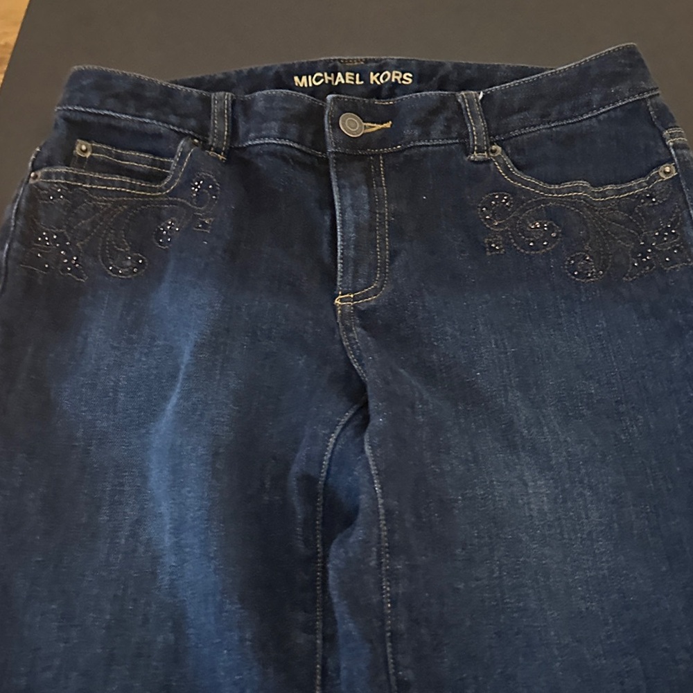 Michael Kors Dark Indigo Straight-Leg Jeans with Embellished Pockets